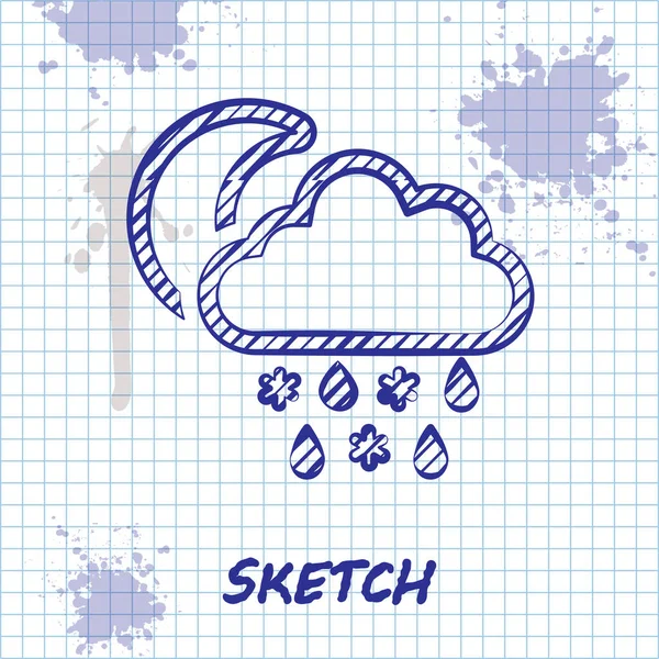 Linha de esboço Nuvem com ícone de neve e chuva isolado no fundo branco. Ícone meteorológico. Ilustração vetorial — Vetor de Stock