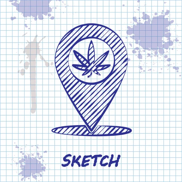 Línea de boceto Puntero de mapa y marihuana o icono de hoja de cannabis aislado sobre fondo blanco. Un símbolo de cáñamo. Ilustración vectorial — Vector de stock