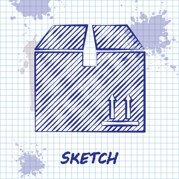 Sketch line Caixa de papelão com ícone de símbolo de tráfego isolado no fundo branco. Caixa, pacote, sinal de encomenda. Entrega, transporte e transporte. Ilustração vetorial — Vetor de Stock