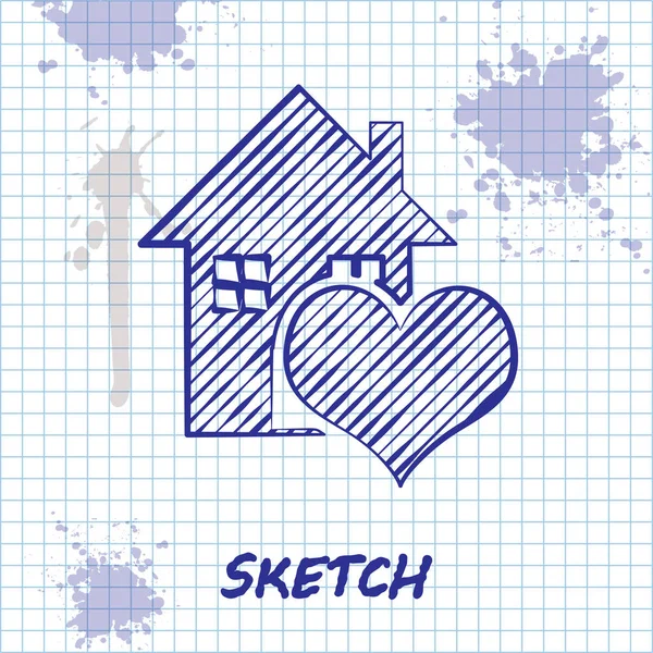 Sketch line House with heart shape icon isolated on white background. Love home symbol. Family, real estate and realty. Vector Illustration — Stock Vector