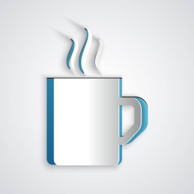 Kağıt kesilmiş Gri arka plan üzerinde izole kahve fincanı düz simgesi. Çay bardağı. Sıcak içecek kahve. Kağıt sanat tarzı. Vektör İllüstrasyonu