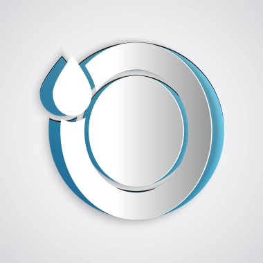 Kağıt kesiği bulaşık ikonu gri arka planda izole edilmiş. Tabak ve sünger. Bulaşık yıkama ikonu. Bulaşık makinesi tabelası. Masa takımı tabelası temiz. Kağıt sanatı tarzı. Vektör İllüstrasyonu