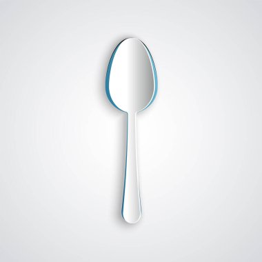 Kağıt kesiği Spoon simgesi gri arkaplanda izole edildi. Mutfak aletleri. Çatal bıçak seti. Kağıt sanatı tarzı. Vektör İllüstrasyonu