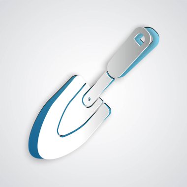 Kağıt kesiği bahçe küreği ya da gri arkaplanda izole edilmiş kürek ikonu. Bahçe aletleri. Bahçecilik, tarım, çiftçilik aleti. Kağıt sanatı tarzı. Vektör İllüstrasyonu