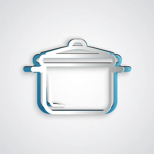 Paper cut Cooking pot icon isolated on grey background. Boil or stew food symbol. Paper art style. Vector Illustration — Stock Vector