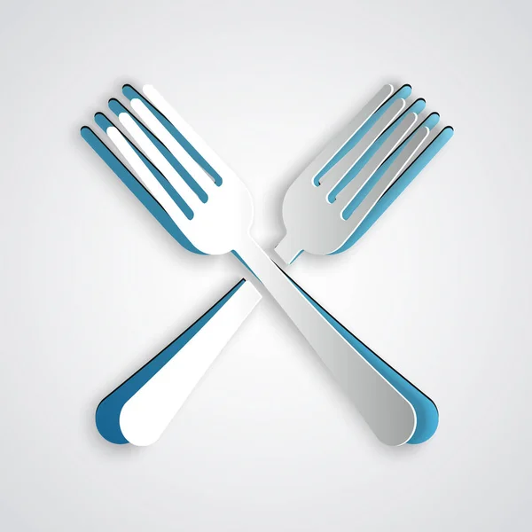 Paper cut Crossed fork icon isolated on grey background. Cutlery symbol. Paper art style. Vector Illustration — ストックベクタ
