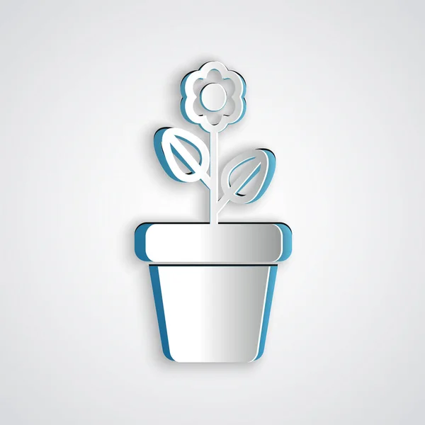 Papier gesneden Bloem in pot pictogram geïsoleerd op grijze achtergrond. Planten groeien in een pot. Plantenteken. Papierkunst stijl. Vector Illustratie — Stockvector