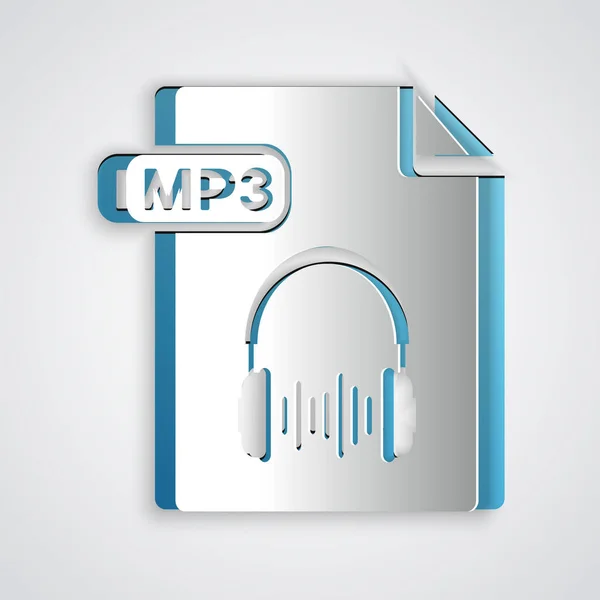 Papier geschnittene mp3-Datei Dokument. herunterladen mp3-Taste Symbol isoliert auf grauem Hintergrund. mp3 Musikformat Zeichen. mp3-Dateisymbol. Papierkunst. Vektorillustration — Stockvektor