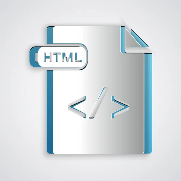 Dokument souboru HTML s vyjmou z papíru Stáhnout ikonu HTML tlačítka izolované na šedém pozadí. Symbol souboru HTML. Symbol jazyka značek. Styl papírového umění. Vektorová ilustrace — Stockový vektor