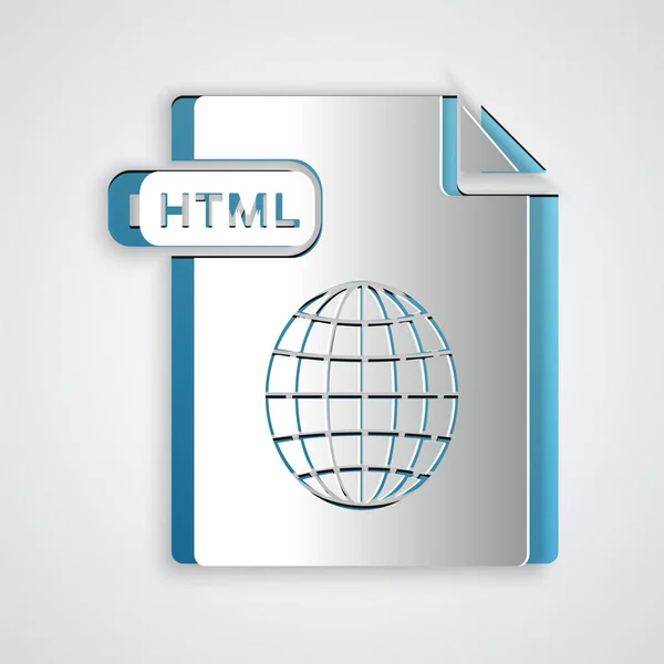 Pappersklipp HTML-fildokument. Ladda ner HTML-knappen ikon isolerad på grå bakgrund. HTML-filsymbol. Markup Language symbol. Papperskonst stil. Vektor illustration — Stock vektor