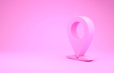 Pembe Harita pin simgesi pembe arkaplanda izole edilmiş. Navigasyon, işaret, konum, harita, GPS, yön, yer, pusula, temas, arama konsepti. Minimalizm kavramı. 3d illüstrasyon 3d canlandırma