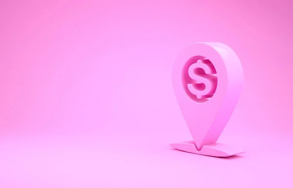 Pink Cash plats pin ikon isolerad på rosa bakgrund. Pekare och dollarsymbol. Pengarnas lokaliseringsikon. Affärs- och investeringskoncept. Minimalistiskt koncept. 3D-illustration 3D-återgivning — Stockfoto