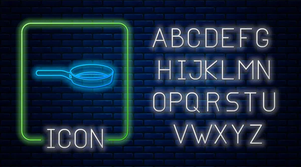 Ícone de frigideira de néon brilhante isolado no fundo da parede de tijolo. Símbolo de fritar ou assar alimentos. Alfabeto claro de néon. Ilustração vetorial —  Vetores de Stock