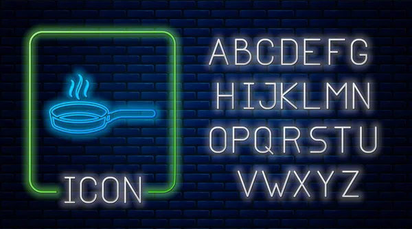 Сяюча неонова піктограма смаження панелі ізольована на фоні цегляної стіни. Символ смаженої або смаженої їжі. Неоновий легкий алфавіт. Векторна ілюстрація — стоковий вектор