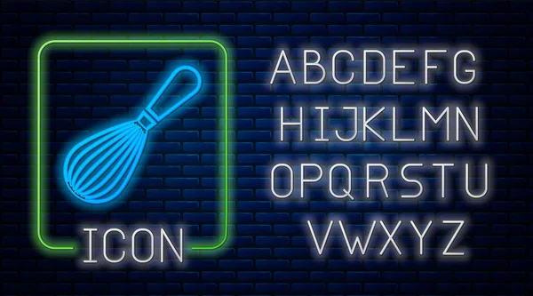 Leuchtende Neon-Küchenbesen-Symbol isoliert auf Backsteinwand Hintergrund. Kochgeschirr, Eierbecher. Besteckschild. Lebensmittel-Mix-Symbol. Neonlicht-Alphabet. Vektorillustration — Stockvektor