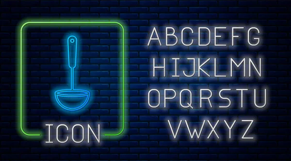 Leuchtende Neon-Küchenlöffel-Symbol isoliert auf Backsteinwand Hintergrund. Kochutensilien. Bestecklöffel vorhanden. Neonlicht-Alphabet. Vektorillustration — Stockvektor