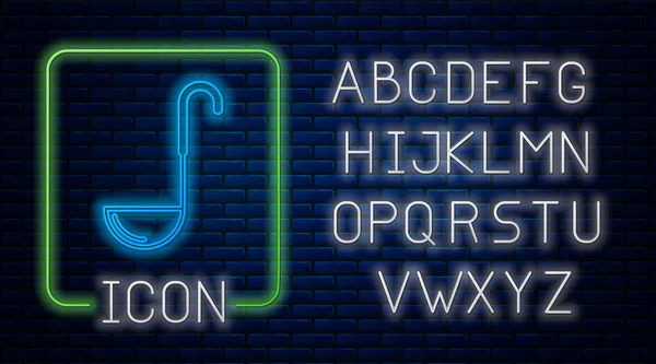 Świecący neon Ikona chochli kuchennej izolowane na tle cegły ściany. Przybornik kuchenny. Znak łyżeczki do sztućców. Neonowy alfabet świetlny. Ilustracja wektora — Wektor stockowy