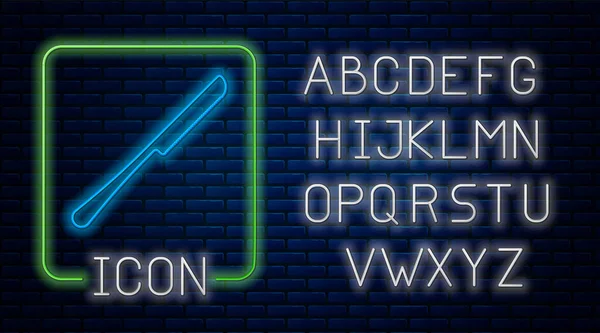 Leuchtende Neon Knife Ikone isoliert auf Backsteinwand Hintergrund. Bestecksymbol vorhanden. Neonlicht-Alphabet. Vektorillustration — Stockvektor