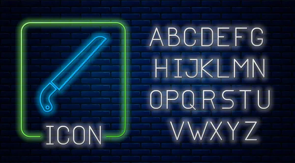 Gloeiende neon Tuin zag icoon geïsoleerd op bakstenen muur achtergrond. Neon licht alfabet. Vector Illustratie — Stockvector