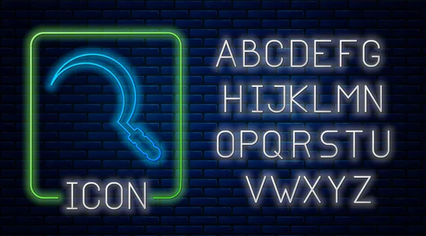 Leuchtende Neon-Sichel-Ikone isoliert auf Backsteinwand Hintergrund. Hakenschild ernten. Neonlicht-Alphabet. Vektorillustration — Stockvektor