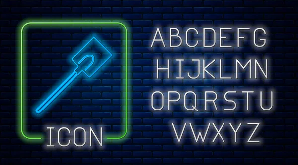 Świecący neon Ikona łopaty ogród izolowane na tle cegły ściany. Narzędzie ogrodnicze. Narzędzie do ogrodnictwa, rolnictwa, rolnictwa. Neonowy alfabet świetlny. Ilustracja wektora — Wektor stockowy