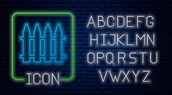 Glowing neon Garden fence wooden icon isolated on brick wall background. Neon light alphabet. Vector Illustration — ストックベクタ