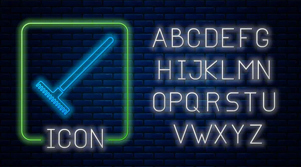 Świecący neon ikona grabie ogród izolowane na tle cegły ściany. Narzędzie do ogrodnictwa, rolnictwa, rolnictwa. Kultywator ziemi. Sprzęt do sprzątania. Neonowy alfabet świetlny. Ilustracja wektora — Wektor stockowy