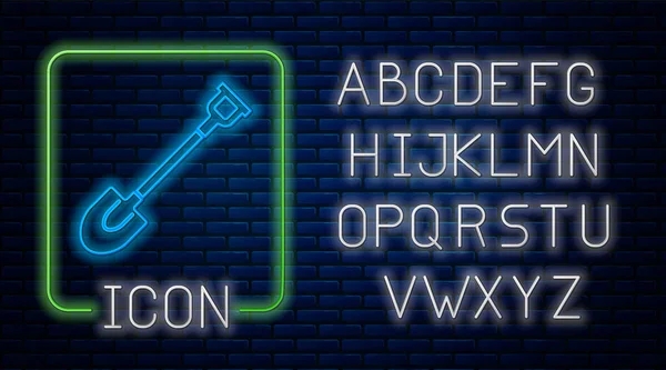 Świecący neon Ikona łopaty ogród izolowane na tle cegły ściany. Narzędzie ogrodnicze. Narzędzie do ogrodnictwa, rolnictwa, rolnictwa. Neonowy alfabet świetlny. Ilustracja wektora — Wektor stockowy