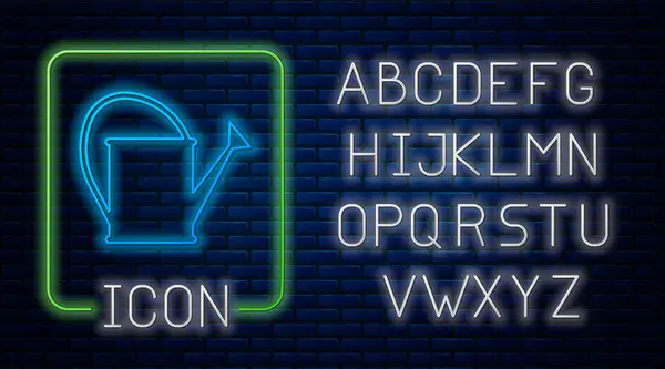 Leuchtende Neon-Gießkannen-Ikone isoliert auf Backsteinwand-Hintergrund. Bewässerungssymbol. Neonlicht-Alphabet. Vektorillustration — Stockvektor