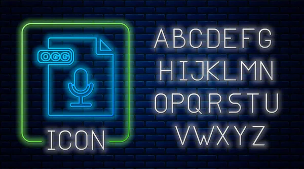 Documento de arquivo OGG neon brilhante. Baixar ícone de botão ogg isolado no fundo da parede de tijolo. Símbolo de ficheiro OGG. Alfabeto claro de néon. Ilustração vetorial — Vetor de Stock