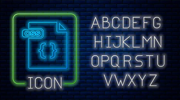 Leuchtende Neon-CSS-Datei Dokument. herunterladen Css-Taste Symbol isoliert auf Ziegelwand Hintergrund. css-Dateisymbol. Neonlicht-Alphabet. Vektorillustration — Stockvektor