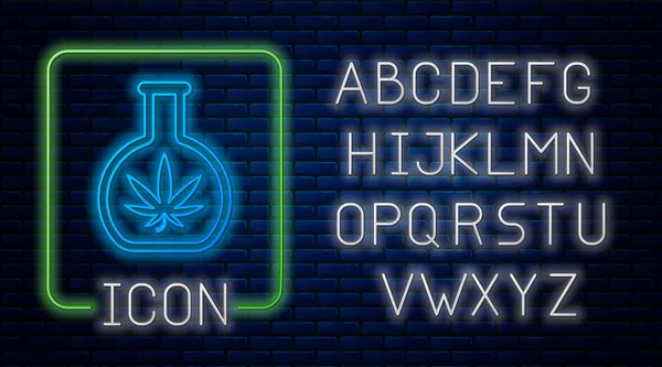 Leuchtende neonfarbene chemische Reagenzgläser mit Marihuana oder Cannabisblatt-Symbol isoliert auf Backsteinmauer Hintergrund. Forschungskonzept. Labor cbd Öl-Konzept. Neonlicht-Alphabet. Vektorillustration — Stockvektor