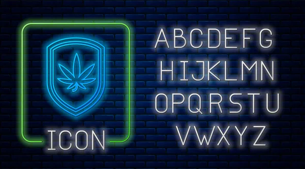 Leuchtender Neon-Schild und Marihuana oder Cannabis-Blatt-Symbol isoliert auf Backsteinmauer Hintergrund. Marihuana-Legalisierung. Hanf-Symbol. Neonlicht-Alphabet. Vektorillustration — Stockvektor