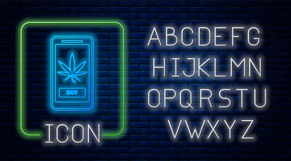 Leuchtendes Neon-Handy und medizinisches Marihuana oder Cannabis-Blatt-Symbol isoliert auf Backsteinmauer Hintergrund. Online-Kauf-Symbol. Supermarktkorb. Neonlicht-Alphabet. Vektorillustration — Stockvektor