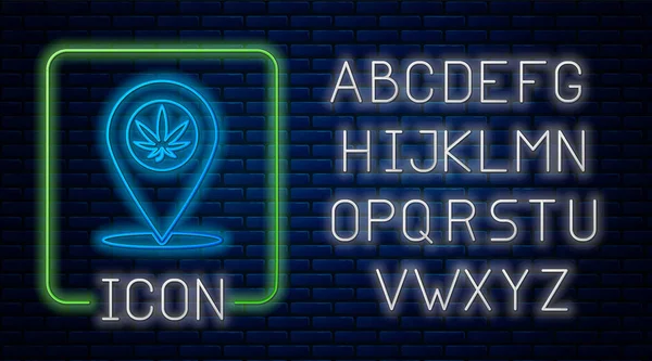 Leuchtender neonfarbener Kartenzeiger und Marihuana oder Cannabis-Blatt-Symbol isoliert auf Backsteinmauer Hintergrund. Hanf-Symbol. Neonlicht-Alphabet. Vektorillustration — Stockvektor