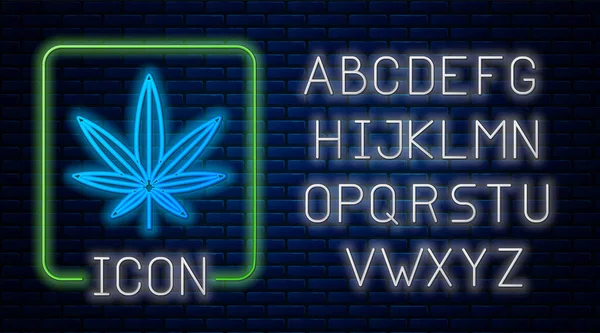 Leuchtendes Neon Medizinisches Marihuana oder Cannabis-Blatt-Symbol isoliert auf Backsteinmauer Hintergrund. Hanf-Symbol. Neonlicht-Alphabet. Vektorillustration — Stockvektor