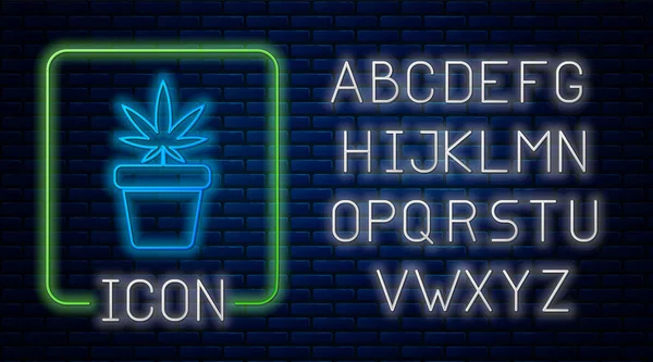 Leuchtende Neon medizinisches Marihuana oder Cannabis-Pflanze im Topf Symbol isoliert auf Backsteinwand Hintergrund. Marihuana-Anbaukonzept. Hanftopfpflanze. Neonlicht-Alphabet. Vektorillustration — Stockvektor