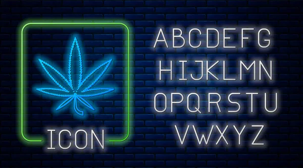 Glowing neon Medical marijuana atau cannabis ikon daun terisolasi di dinding bata latar belakang. Simbol Hemp. Alfabet cahaya neon. Ilustrasi Vektor - Stok Vektor