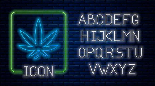 Glowing neon Medical marijuana or cannabis leaf icon isolated on brick wall background. Hemp symbol. Neon light alphabet. Vector Illustration — Stock Vector