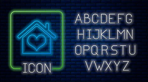 Gloeiende neon huis met hart vorm pictogram geïsoleerd op baksteen muur achtergrond. Liefde huissymbool. Familie, onroerend goed en onroerend goed. Neon licht alfabet. Vector Illustratie — Stockvector