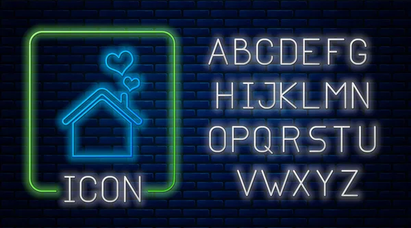 Gloeiende neon huis met hart vorm pictogram geïsoleerd op baksteen muur achtergrond. Liefde huissymbool. Familie, onroerend goed en onroerend goed. Neon licht alfabet. Vector Illustratie — Stockvector