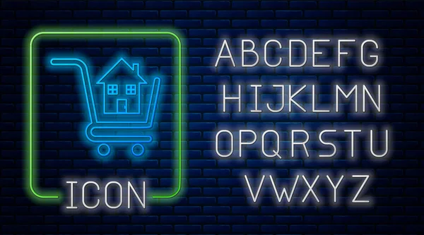 Gloeiende neon Winkelwagen met huis icoon geïsoleerd op baksteen muur achtergrond. Koop huisconcept. Woningkredietconcept, huur, onroerend goed kopen. Neon licht alfabet. Vector Illustratie — Stockvector