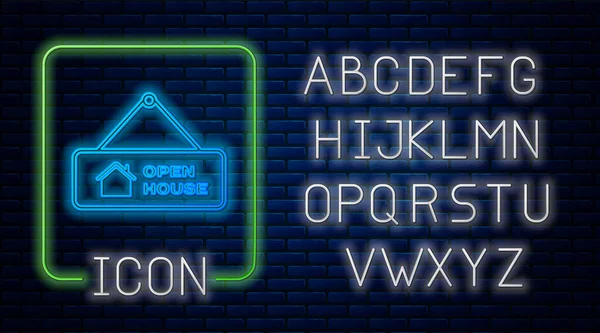 Sinal de pendurado de néon brilhante com texto Ícone de casa aberta isolado no fundo da parede de tijolo. Sinalização com texto Open house. Alfabeto claro de néon. Ilustração vetorial — Vetor de Stock