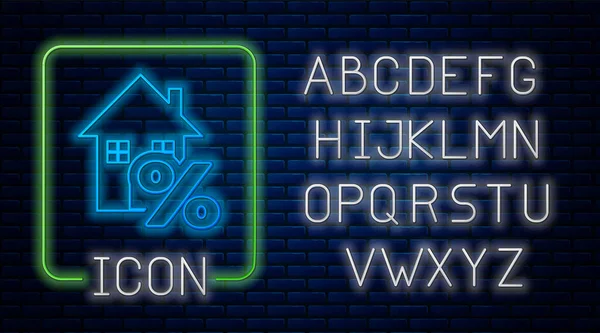 Glowing neon House with percant discount tag icon isolated on brick wall background. House percentage sign price. Real estate home. Credit percentage symbol. Neon light alphabet. Vector Illustration — Wektor stockowy