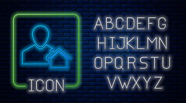 Сяючий неоновий значок ріелтора ізольований на фоні цегляної стіни. Купівля будинку. Неоновий легкий алфавіт. Векторна ілюстрація — стоковий вектор