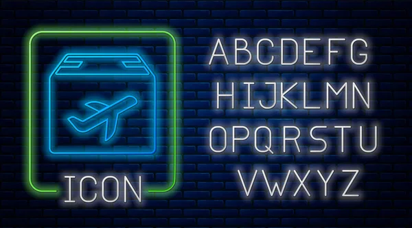 Icona luminosa al neon Aereo e scatola di cartone isolato su sfondo muro di mattoni. Consegna, trasporto. Consegna del carico per via aerea. Aereo con pacchi, scatole. Alfabeto della luce al neon. Illustrazione vettoriale — Vettoriale Stock