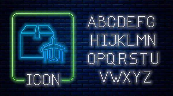 Świecący neon Samolot i ikona pudełka kartonowego izolowane na tle cegły ściany. Dostawa, transport. Dostawa ładunków drogą lotniczą. Samolot z paczkami, pudłami. Neonowy alfabet świetlny. Ilustracja wektora — Wektor stockowy