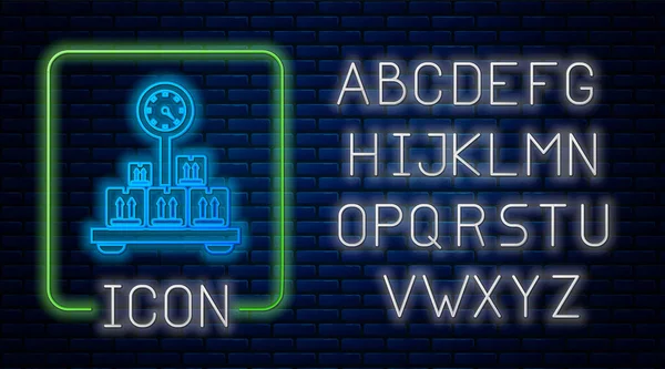 Leuchtende Neon-Waage mit Pappschachtel-Symbol isoliert auf Backsteinwand Hintergrund. Logistik und Lieferung. Gewicht der Lieferung Paket auf einer Waage. Neonlicht-Alphabet. Vektorillustration — Stockvektor