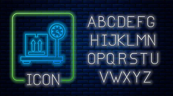 Escala de néon brilhante com ícone de caixa de papelão isolado no fundo da parede de tijolo. Logística e entrega. Peso do pacote de entrega em uma balança. Alfabeto claro de néon. Ilustração vetorial — Vetor de Stock