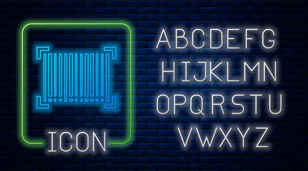 Lumineux néon icône de code-barres isolé sur fond de mur de briques. Alphabet néon. Illustration vectorielle — Image vectorielle